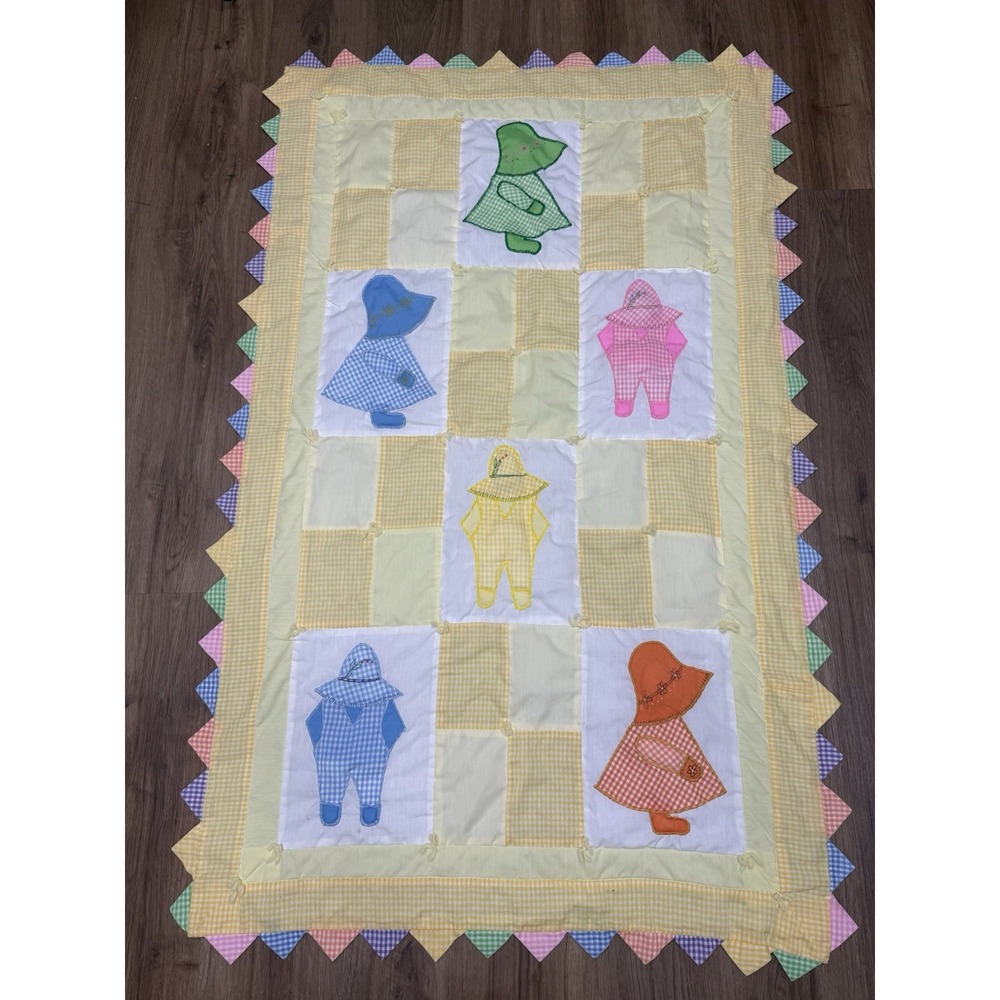 VTG Handmade Yellow Sunbonnet Sue & Overall Sam Baby Childs Quilt Blanket 36x58